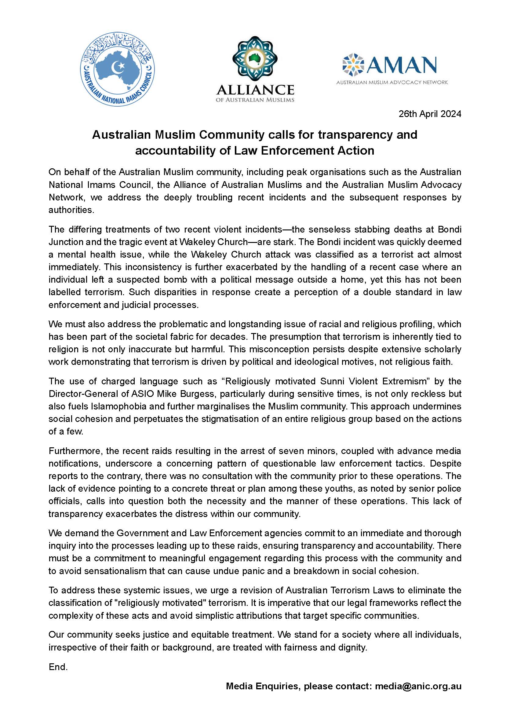 Australian Muslim Community calls for transparency and accountability 